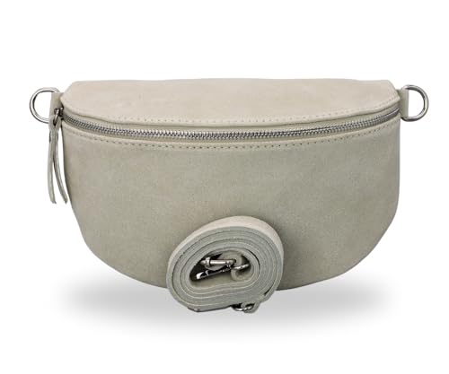 BRISE Damen Bauchtasche SAHEL Handgemachte Umhängetasche Crossbody Bag Tasche Gürteltasche Echtes Wildleder mit Ledergurt + Breiten Gemusterten Riemen Stylische Made in Italy Hüfttasche (Beige 1) von Brise Art