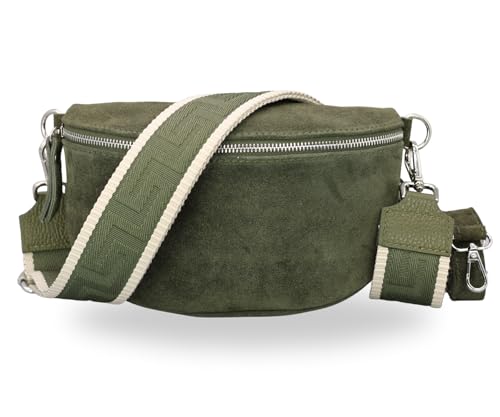 BRISE Damen Bauchtasche SAHEL Handgemachte Umhängetasche Crossbody Bag Tasche Gürteltasche Echtes Wildleder mit Ledergurt + Breiten Gemusterten Riemen Stylische Made in Italy Hüfttasche (Khaki 5) von Brise Art