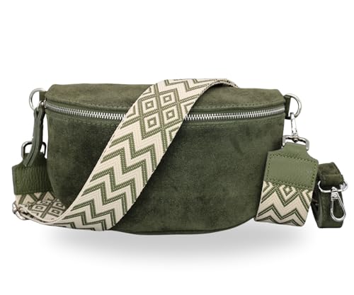 BRISE Damen Bauchtasche SAHEL Handgemachte Umhängetasche Crossbody Bag Tasche Gürteltasche Echtes Wildleder mit Ledergurt + Breiten Gemusterten Riemen Stylische Made in Italy Hüfttasche (Khaki 2) von Brise Art