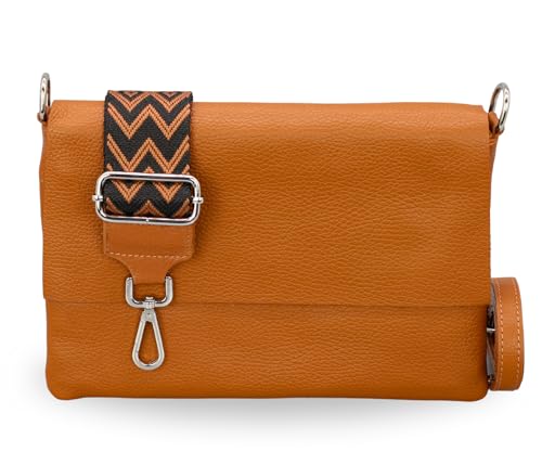 BRISE Umhängetasche Damen Echtes Leder ELISA Handgemachte Handtasche Kleine Schlanke Tasche 3 Fächer Crossbody Bag mit Ledergurt + Optionalen Breiten Gemusterten Riemen Made in Italy (Cognac Braun-4) von Brise Art