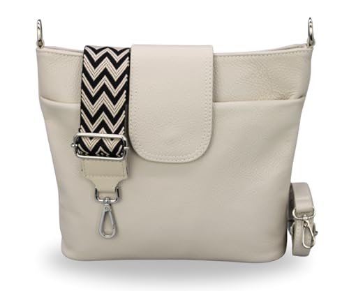 BRISE Damen Umhängetasche ELLIE Handgemachte Crossbody Bag Echtes Leder mit Ledergurt + Breiten Gemusterten Riemen 7 Fächer Wasserdichte Stylische Made in Italy Schultertasche (Beige - 4) von Brise Art