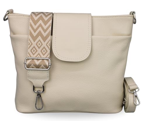 BRISE Umhängetasche Damen Echtes Leder ELLIE Handgemachte Crossbody Bag mit Ledergurt + Optionalen Breiten Gemusterten Riemen 7 Fächer Wasserdichte Schultertasche Made in Italy (Beige - 4) von Brise Art