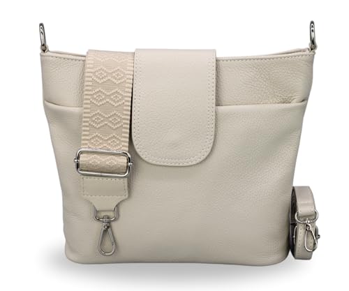 BRISE Damen Umhängetasche ELLIE Handgemachte Crossbody Bag Echtes Leder mit Ledergurt + Breiten Gemusterten Riemen 7 Fächer Wasserdichte Stylische Made in Italy Schultertasche (Beige - 5) von Brise Art