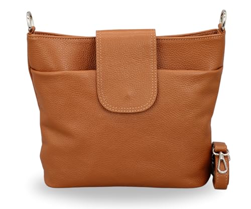 BRISE Damen Umhängetasche ELLIE Handgemachte Crossbody Bag Echtes Leder mit Ledergürtel + Breiten Gemusterten Riemen 7 Fächer Wasserdichte Stylische Made in Italy Schultertasche (Cognac Braun - 1) von Brise Art