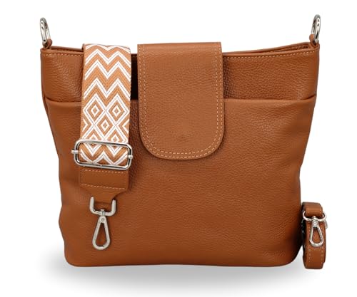 BRISE Damen Umhängetasche ELLIE Handgemachte Crossbody Bag Echtes Leder mit Ledergurt + Breiten Gemusterten Riemen 7 Fächer Wasserdichte Stylische Made in Italy Schultertasche (Cognac Braun - 3) von Brise Art