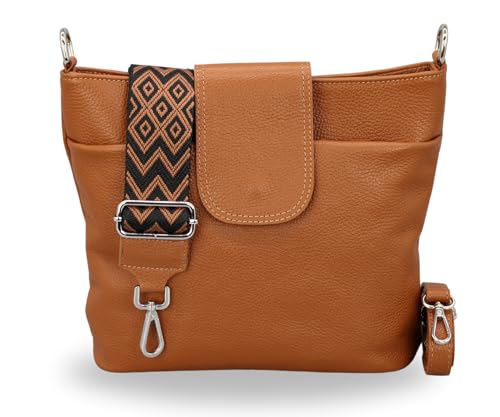 BRISE Damen Umhängetasche ELLIE Handgemachte Crossbody Bag Echtes Leder mit Ledergurt + Breiten Gemusterten Riemen 7 Fächer Wasserdichte Stylische Made in Italy Schultertasche (Cognac Braun - 4) von Brise Art