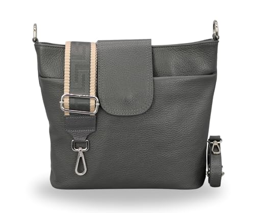 BRISE Damen Umhängetasche ELLIE Handgemachte Crossbody Bag Echtes Leder mit Ledergurt + Breiten Gemusterten Riemen 7 Fächer Wasserdichte Stylische Made in Italy Schultertasche (Dunkelgrau - 2) von Brise Art