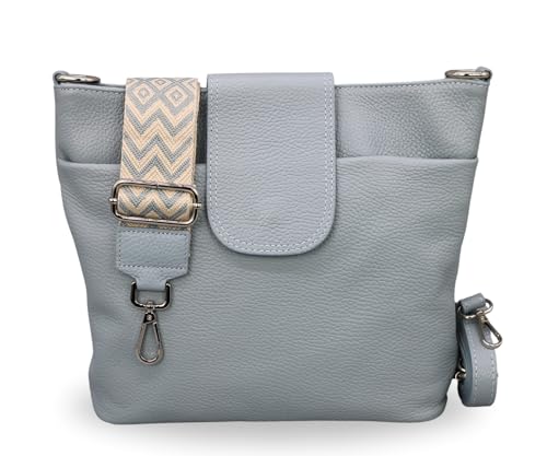 BRISE Damen Umhängetasche ELLIE Handgemachte Crossbody Bag Echtes Leder mit Ledergurt + Breiten Gemusterten Riemen 7 Fächer Wasserdichte Stylische Made in Italy Schultertasche (Hellblau - 2) von Brise Art