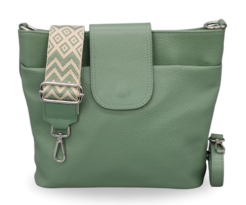 BRISE Damen Umhängetasche ELLIE Handgemachte Crossbody Bag Echtes Leder mit Ledergurt + Breiten Gemusterten Riemen 7 Fächer Wasserdichte Stylische Made in Italy Schultertasche (Mintgrün - 2) von Brise Art