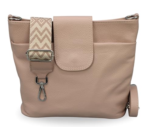 BRISE Damen Umhängetasche ELLIE Handgemachte Crossbody Bag Echtes Leder mit Ledergurt + Breiten Gemusterten Riemen 7 Fächer Wasserdichte Stylische Made in Italy Schultertasche (Rose - 2) von Brise Art