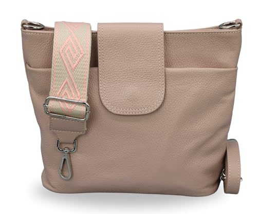 BRISE Damen Umhängetasche ELLIE Handgemachte Crossbody Bag Echtes Leder mit Ledergurt + Breiten Gemusterten Riemen 7 Fächer Wasserdichte Stylische Made in Italy Schultertasche (Rose - 3) von Brise Art