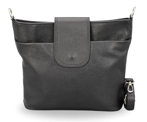 BRISE Damen Umhängetasche ELLIE Handgemachte Crossbody Bag Echtes Leder mit Ledergurt + Breiten Gemusterten Riemen 7 Fächer Wasserdichte Stylische Made in Italy Schultertasche (Schwarz - 1) von Brise Art