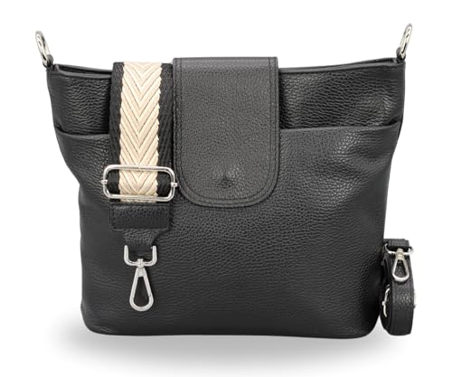 BRISE Damen Umhängetasche ELLIE Handgemachte Crossbody Bag Echtes Leder mit Ledergurt + Breiten Gemusterten Riemen 7 Fächer Wasserdichte Stylische Made in Italy Schultertasche (Schwarz - 2) von Brise Art