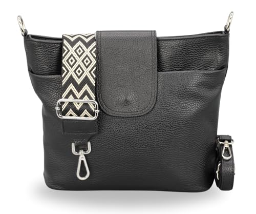 BRISE Damen Umhängetasche ELLIE Handgemachte Crossbody Bag Echtes Leder mit Ledergurt + Breiten Gemusterten Riemen 7 Fächer Wasserdichte Stylische Made in Italy Schultertasche (Schwarz - 3) von Brise Art