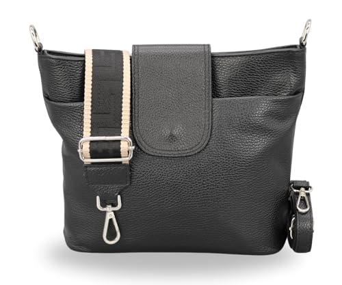 BRISE Damen Umhängetasche ELLIE Handgemachte Crossbody Bag Echtes Leder mit Ledergurt + Breiten Gemusterten Riemen 7 Fächer Wasserdichte Stylische Made in Italy Schultertasche (Schwarz - 4) von Brise Art