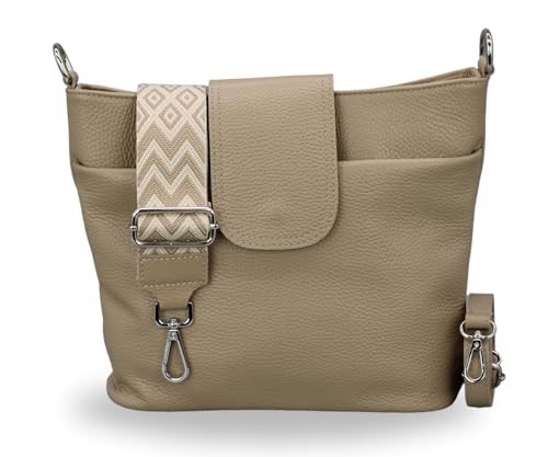 BRISE Damen Umhängetasche ELLIE Handgemachte Crossbody Bag Echtes Leder mit Ledergurt + Breiten Gemusterten Riemen 7 Fächer Wasserdichte Stylische Made in Italy Schultertasche (Taupe - 2) von Brise Art