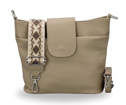 BRISE Damen Umhängetasche ELLIE Handgemachte Crossbody Bag Echtes Leder mit Ledergurt + Breiten Gemusterten Riemen 7 Fächer Wasserdichte Stylische Made in Italy Schultertasche (Taupe - 3) von Brise Art