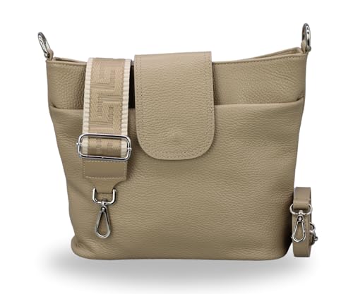 BRISE Umhängetasche Damen Echtes Leder ELLIE Handgemachte Crossbody Bag mit Ledergurt + Optionalen Breiten Gemusterten Riemen 7 Fächer Wasserdichte Schultertasche Made in Italy (Taupe - 3) von Brise Art