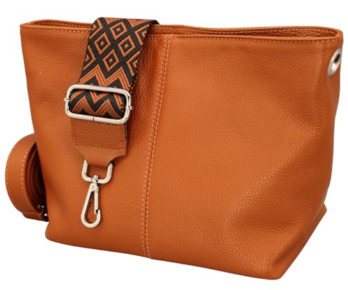 BRISE Umhängetasche Damen Echtes Leder BENI Handgemachte Crossbody Bag mit Ledergurt + Breiten Gemusterten Riemen 4 Fächer Wasserdichte Schultertasche Made in Italy (Cognacbraun) von Brise Art