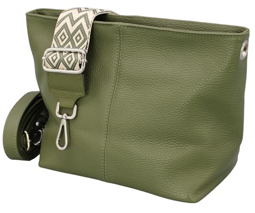 BRISE Umhängetasche Damen Echtes Leder BENI Handgemachte Crossbody Bag mit Ledergurt + Breiten Gemusterten Riemen 4 Fächer Wasserdichte Schultertasche Made in Italy (Khaki) von Brise Art