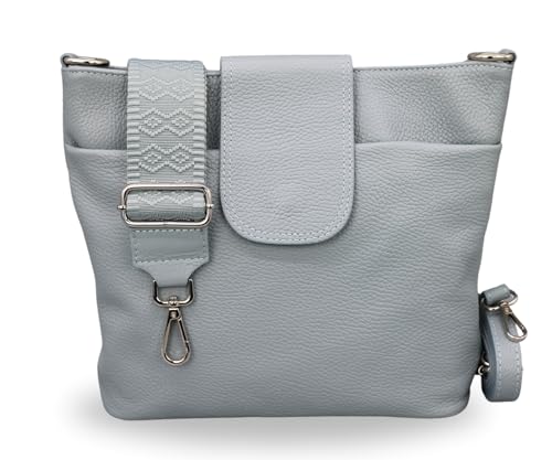 BRISE Umhängetasche Damen Echtes Leder ELLIE Handgemachte Crossbody Bag mit Ledergurt + Optionalen Breiten Gemusterten Riemen 6 Fächer Wasserdichte Schultertasche Made in Italy (Hellblau - 3) von Brise Art