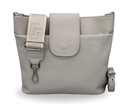 BRISE Umhängetasche Damen Echtes Leder ELLIE Handgemachte Crossbody Bag mit Ledergurt + Optionalen Breiten Gemusterten Riemen 6 Fächer Wasserdichte Schultertasche Made in Italy (Hellgrau - 3) von Brise Art