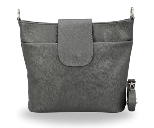 BRISE Umhängetasche Damen Echtes Leder ELLIE Handgemachte Crossbody Bag mit Ledergurt 6 Fächer Wasserdichte Schultertasche Made in Italy (Dunkelgrau - 1) von Brise Art