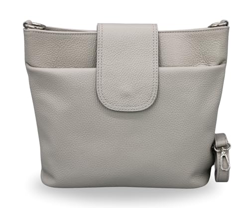 BRISE Umhängetasche Damen Echtes Leder ELLIE Handgemachte Crossbody Bag mit Ledergurt 6 Fächer Wasserdichte Schultertasche Made in Italy (Hellgrau - 1) von Brise Art