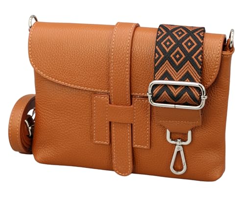BRISE Umhängetasche Damen Echtes Leder EVA Handgemachte Handtasche Kleine Schlanke Tasche 3 Fächer Crossbody Bag mit Ledergurt + Breiten Gemusterten Riemen Made in Italy (Cognacbraun) von Brise Art