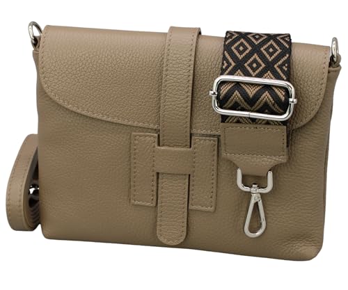 BRISE Umhängetasche Damen Echtes Leder EVA Handgemachte Handtasche Kleine Schlanke Tasche 3 Fächer Crossbody Bag mit Ledergurt + Breiten Gemusterten Riemen Made in Italy (Dunkeltaupe) von Brise Art