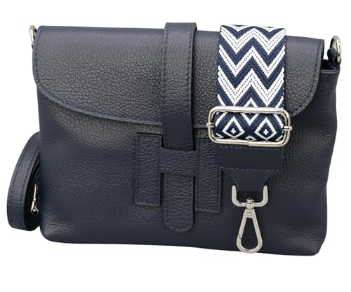 BRISE Umhängetasche Damen Echtes Leder EVA Handgemachte Handtasche Kleine Schlanke Tasche 3 Fächer Crossbody Bag mit Ledergurt + Breiten Gemusterten Riemen Made in Italy (Navyblau) von Brise Art