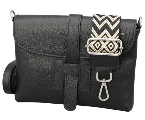 BRISE Umhängetasche Damen Echtes Leder EVA Handgemachte Handtasche Kleine Schlanke Tasche 3 Fächer Crossbody Bag mit Ledergurt + Breiten Gemusterten Riemen Made in Italy (Schwarz) von Brise Art