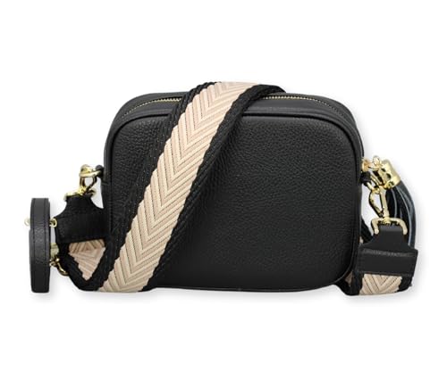 BRISE Umhängetasche Damen Echtleder KIRA Gold Handgemachte Crossbody Bag Schultertasche mit Ledergurt + Optionalen Breiten Gemusterten Riemen Verstellbarer Gurt Made in Italy (Schwarz - 2) von Brise Art