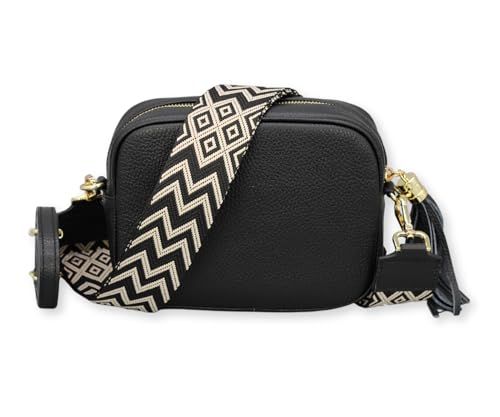 BRISE Umhängetasche Damen Echtleder KIRA Gold Handgemachte Crossbody Bag Schultertasche mit Ledergurt + Optionalen Breiten Gemusterten Riemen Verstellbarer Gurt Made in Italy (Schwarz - 3) von Brise Art