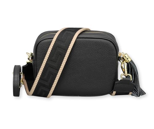BRISE Umhängetasche Damen Echtleder KIRA Gold Handgemachte Crossbody Bag Schultertasche mit Ledergurt + Optionalen Breiten Gemusterten Riemen Verstellbarer Gurt Made in Italy (Schwarz - 4) von Brise Art