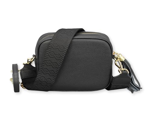 BRISE Umhängetasche Damen Echtleder KIRA Gold Handgemachte Crossbody Bag Schultertasche mit Ledergurt + Optionalen Breiten Gemusterten Riemen Verstellbarer Gurt Made in Italy (Schwarz - 5) von Brise Art
