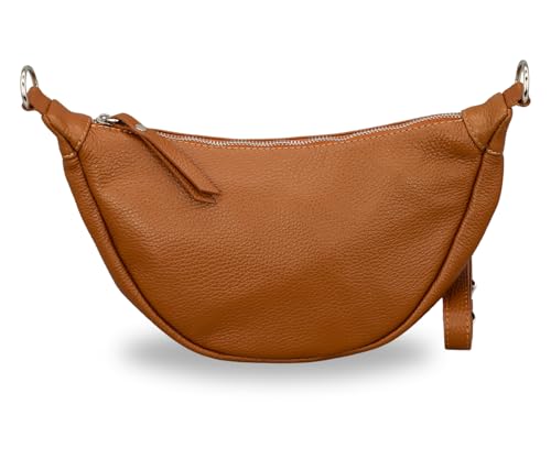 BRISE Halbmond Tasche Damen Echtleder Banana Bag PETRA Handgemachte Umhängetasche Schultertasche Crossbody Bag mit Ledergurt 4 Fächer Wasserdichte Stylische Made in Italy (Cognac Braun) von Brise Art