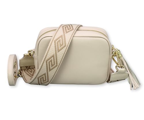 BRISE Umhängetasche Damen Echtleder KIRA Gold Handgemachte Crossbody Bag Schultertasche mit Ledergurt + Optionalen Breiten Gemusterten Riemen Verstellbarer Gurt Made in Italy (Beige - 3) von Brise Art