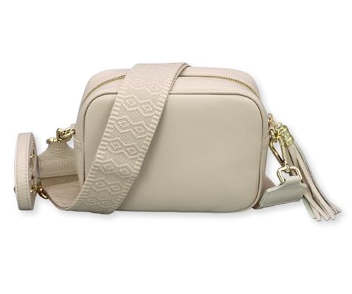 BRISE Umhängetasche für Damen KIRA Handgemachte Crossbody Bag Schultertasche aus 100% Echtleder mit Ledergurt + Breiten Gemusterten Riemen Verstellbarer Gurt Made in Italy (Beige - 5) von Brise Art