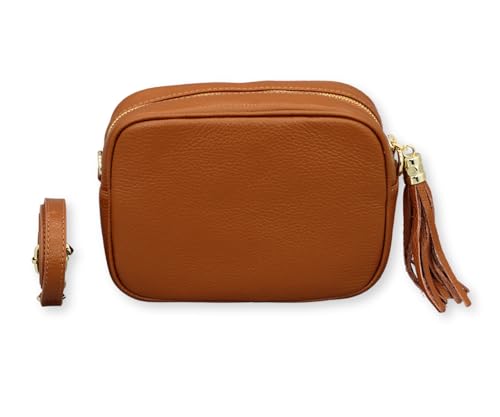 BRISE Umhängetasche für Damen KIRA Handgemachte Crossbody Bag Schultertasche aus 100% Echtleder mit Ledergurt + Breiten Gemusterten Riemen Verstellbarer Gurt Made in Italy (Cognac Braun - 1) von Brise Art