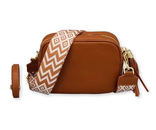 BRISE Umhängetasche für Damen KIRA Handgemachte Crossbody Bag Schultertasche aus 100% Echtleder mit Ledergurt + Breiten Gemusterten Riemen Verstellbarer Gurt Made in Italy (Cognac Braun - 3) von Brise Art