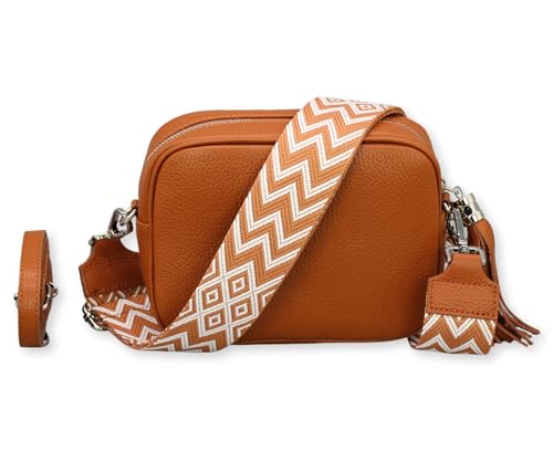 BRISE Umhängetasche Damen Echtleder KIRA Silber Handgemachte Crossbody Bag Schultertasche mit Ledergurt + Optionalen Breiten Gemusterten Riemen Verstellbarer Gurt Made in Italy (Cognac Braun-3) von Brise Art
