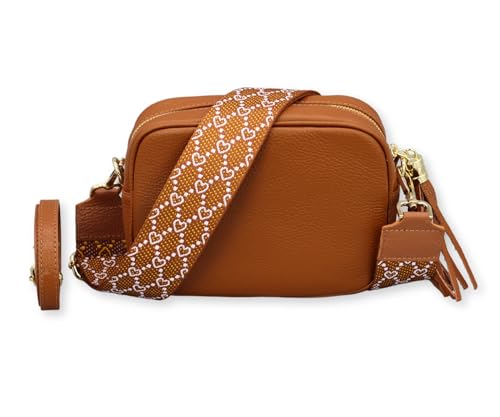 BRISE Umhängetasche für Damen KIRA Handgemachte Crossbody Bag Schultertasche aus 100% Echtleder mit Ledergurt + Breiten Gemusterten Riemen Verstellbarer Gurt Made in Italy (Cognac Braun - 5) von Brise Art