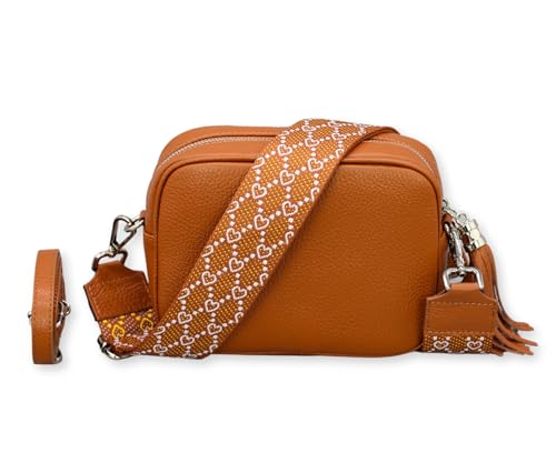 BRISE Umhängetasche für Damen KIRA Handgemachte Crossbody Bag Schultertasche aus 100% Echtleder mit Ledergurt + Breiten Gemusterten Riemen Verstellbarer Gurt Made in Italy (Cognac Braun - 5) von Brise Art