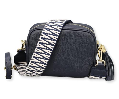 BRISE Umhängetasche Damen Echtleder KIRA Gold Handgemachte Crossbody Bag Schultertasche mit Ledergurt + Optionalen Breiten Gemusterten Riemen Verstellbarer Gurt Made in Italy (Dunkelblau - 2) von Brise Art