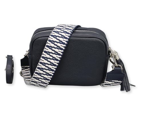BRISE Umhängetasche Damen Echtleder KIRA Silber Handgemachte Crossbody Bag Schultertasche mit Ledergurt + Optionalen Breiten Gemusterten Riemen Verstellbarer Gurt Made in Italy (Dunkelblau - 2) von Brise Art