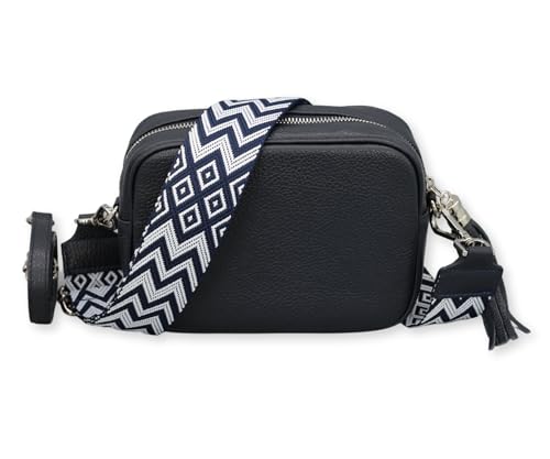 BRISE Umhängetasche Damen Echtleder KIRA Silber Handgemachte Crossbody Bag Schultertasche mit Ledergurt + Optionalen Breiten Gemusterten Riemen Verstellbarer Gurt Made in Italy (Dunkelblau - 3) von Brise Art