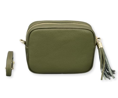 BRISE Umhängetasche für Damen KIRA Handgemachte Crossbody Bag Schultertasche aus 100% Echtleder mit Ledergurt + Breiten Gemusterten Riemen Verstellbarer Gurt Made in Italy (Khaki - 1) von Brise Art