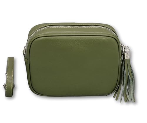 BRISE Umhängetasche für Damen KIRA Handgemachte Crossbody Bag Schultertasche aus 100% Echtleder mit Ledergurt + Breiten Gemusterten Riemen Verstellbarer Gurt Made in Italy (Khaki - 1) von Brise Art