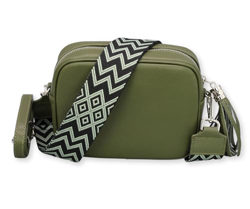 BRISE Umhängetasche Damen Echtleder KIRA Silber Handgemachte Crossbody Bag Schultertasche mit Ledergurt + Optionalen Breiten Gemusterten Riemen Verstellbarer Gurt Made in Italy (Khaki - 2) von Brise Art
